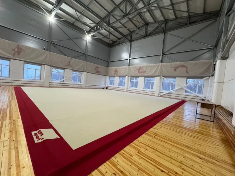 Зал с профессиональным ковром Gymsport 14×14 м в ЦХГ «Таурас» на Торфяной дороге