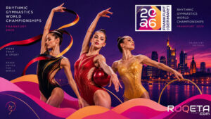 Rhythmic gymnast competing during qualification at the Frankfurt 2026 World Championships